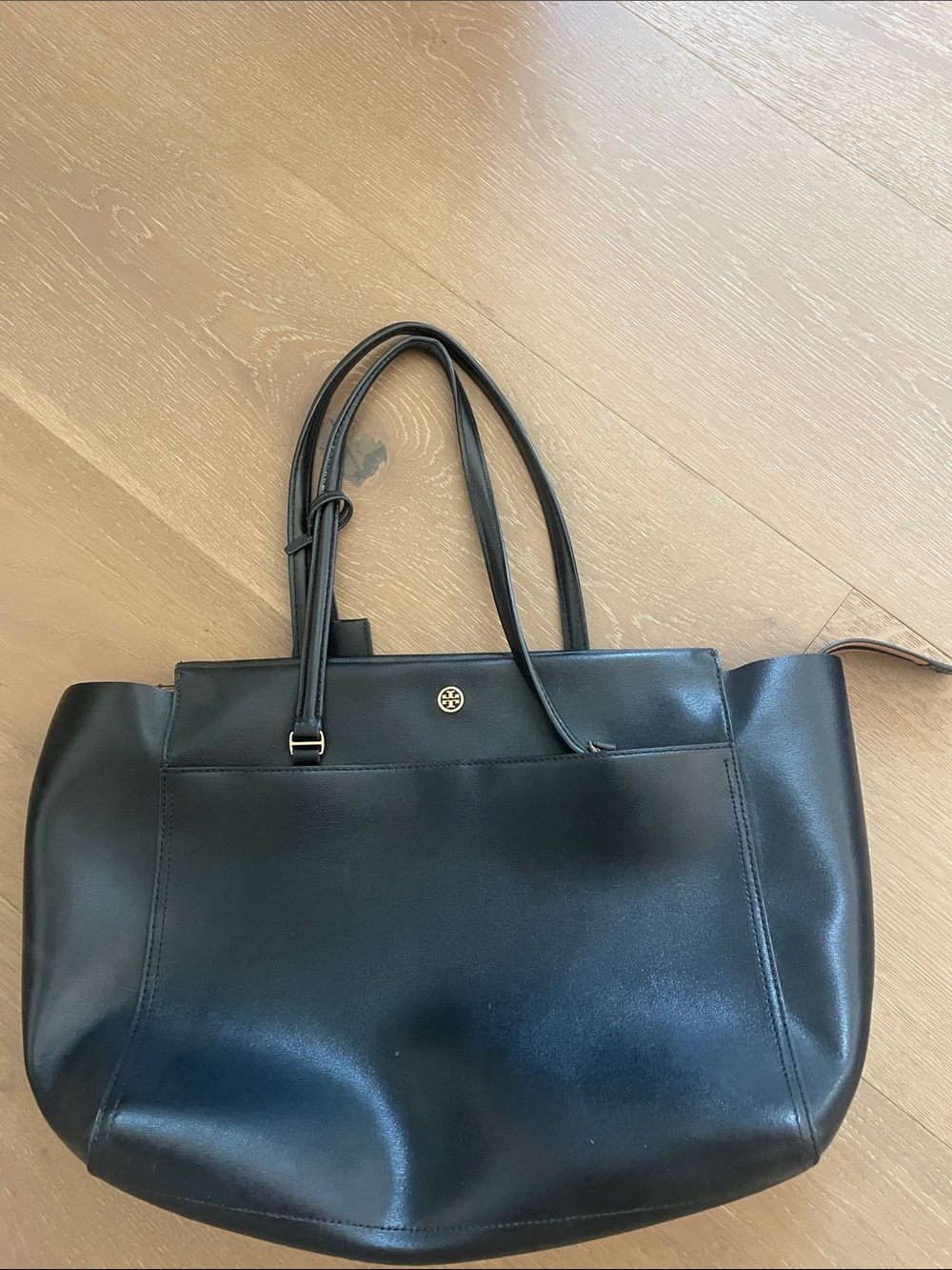 Tory Burch Black Leather Tote with Gold Logo